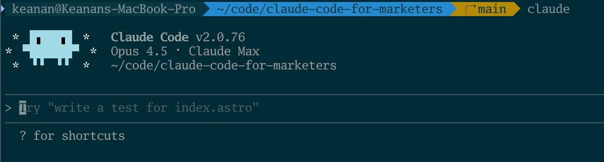 The Claude Code interface showing a friendly robot logo, version info, and a prompt waiting for input