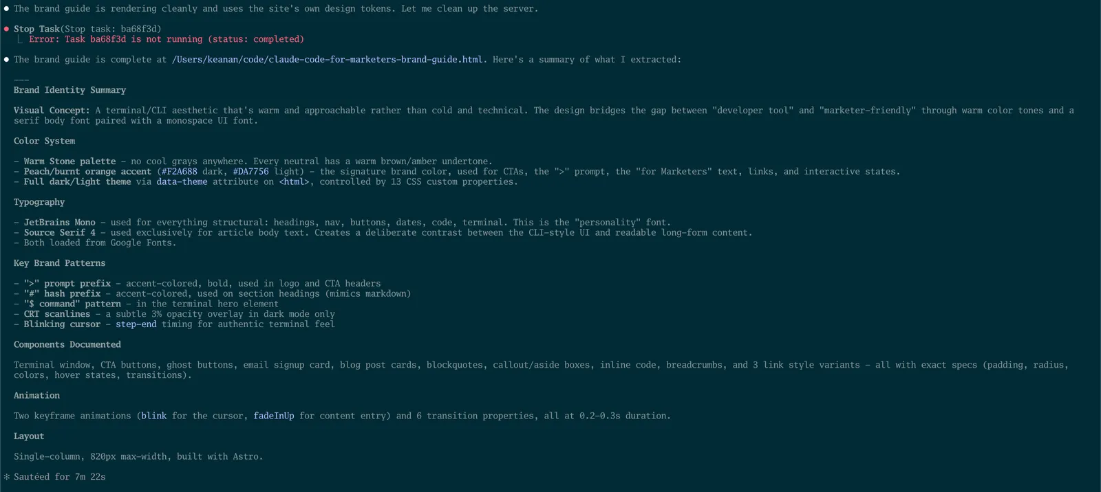 Claude Code's summary of the extracted brand elements in the terminal