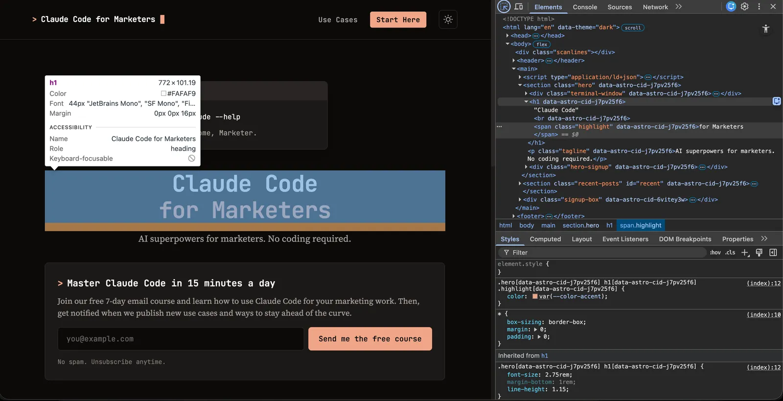 Claude Code inspecting claudecodeformarketers.com using the Chrome DevTools MCP, showing the Elements panel and computed styles