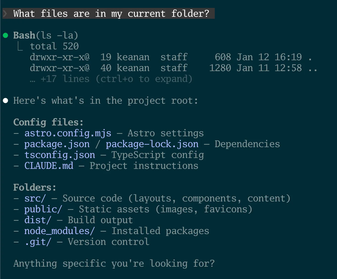 Claude listing files in the current folder