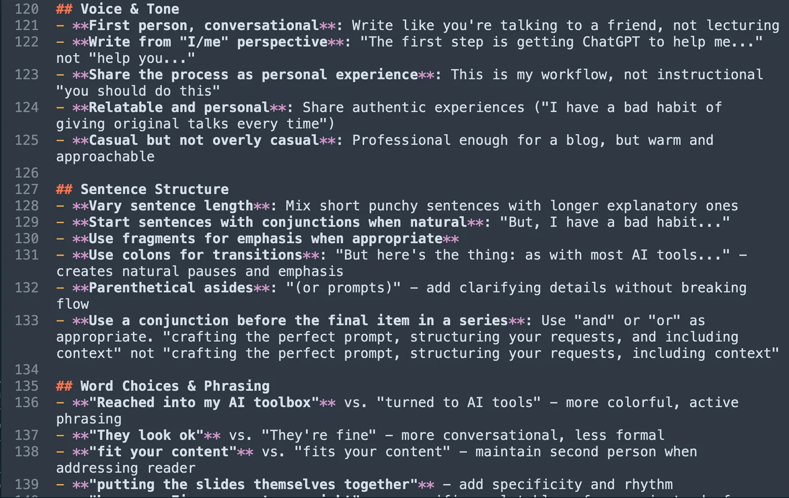 A sample CLAUDE.md file with voice and style guidelines