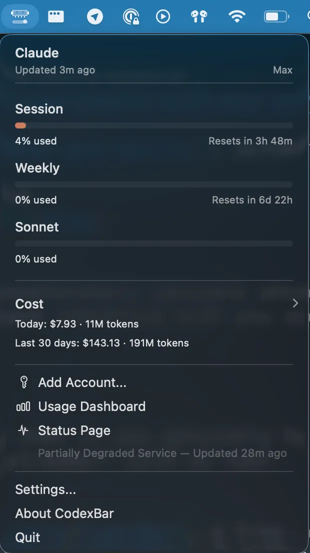 CodexBar showing Claude Code usage data in the Mac menu bar