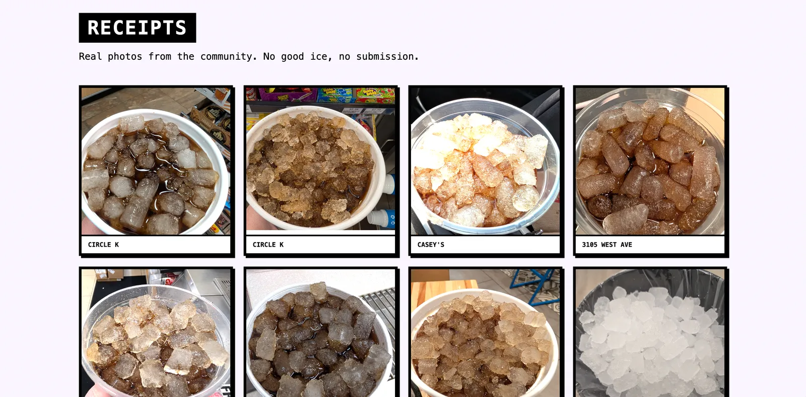 The Receipts section of the landing page — a grid of user-submitted photos showing real nugget ice from places like Circle K, Casey's, and various locations