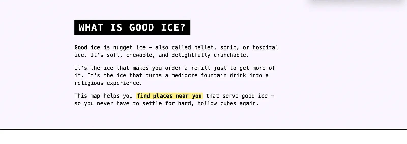 The 'What is Good Ice?' section of the landing page, with three short paragraphs explaining nugget ice and a highlighted call-out on 'find places near you'