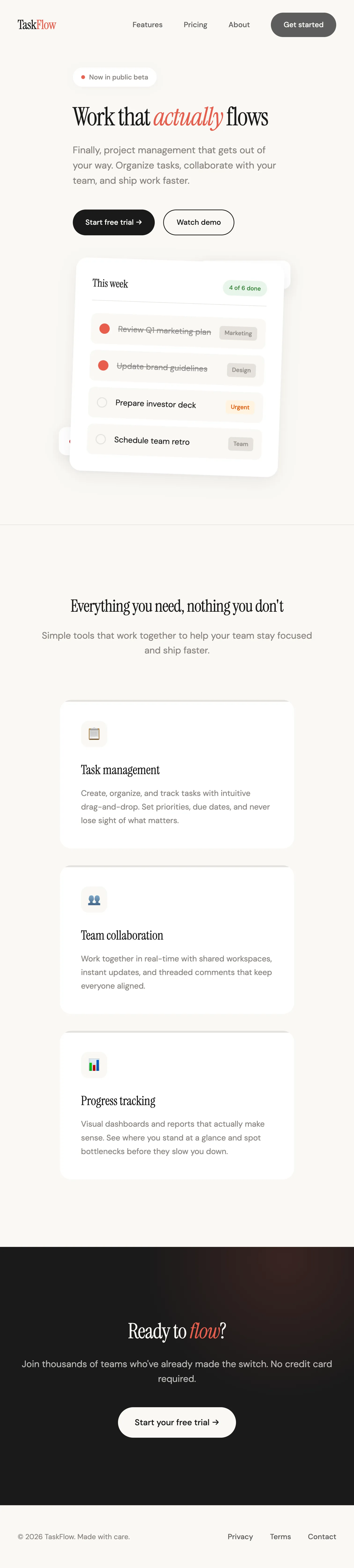 A polished landing page with distinctive typography, warm color palette, and thoughtful visual hierarchy