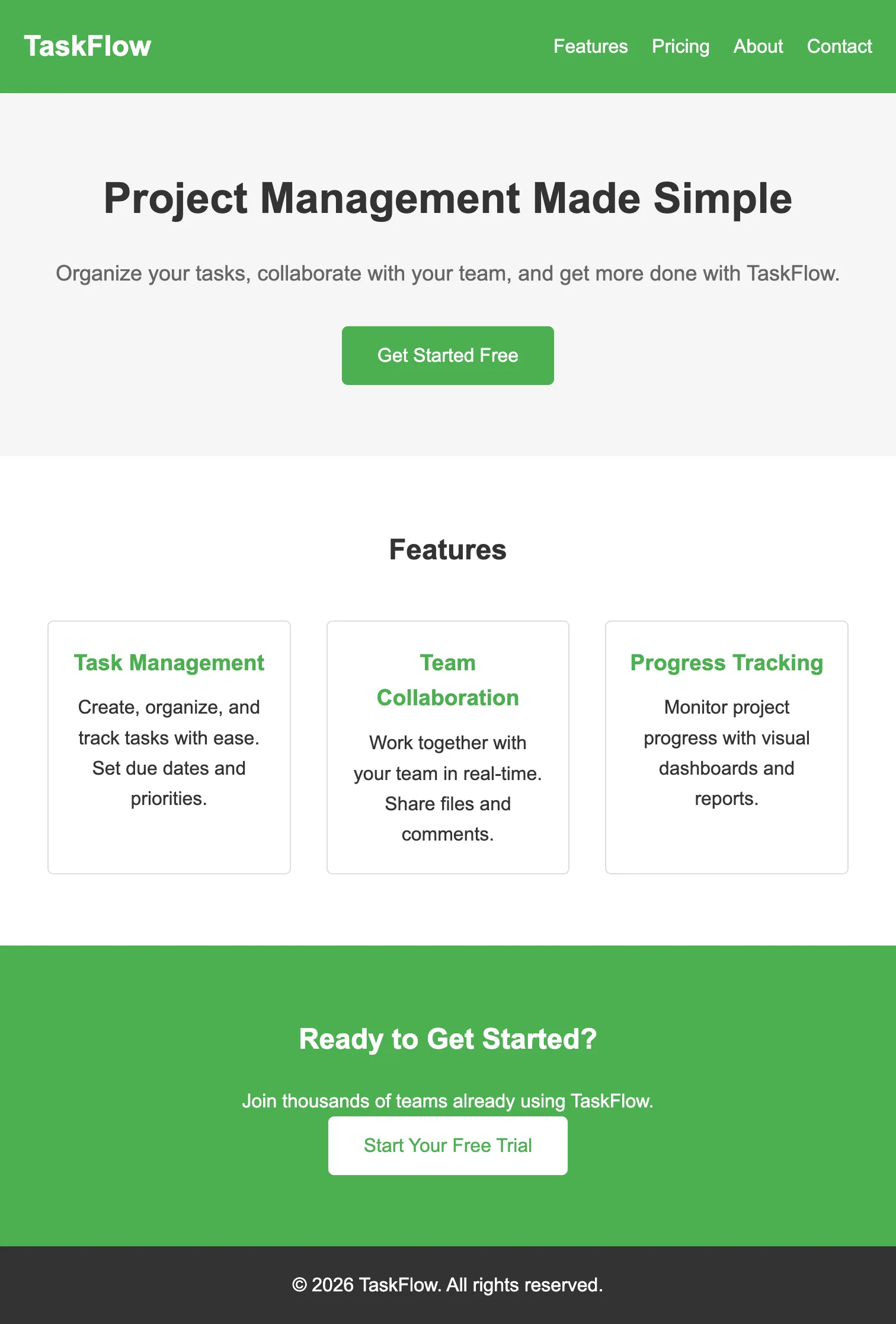 A generic landing page with green header, basic layout, and default styling