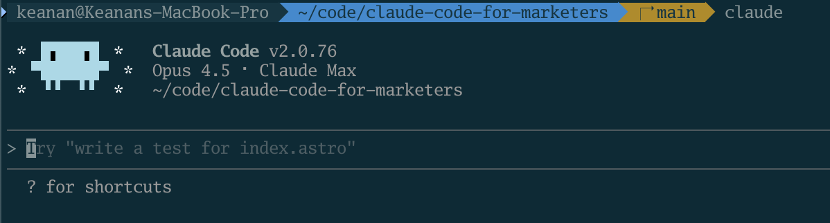 The Claude Code interface showing a friendly robot logo, version info, and a prompt waiting for input